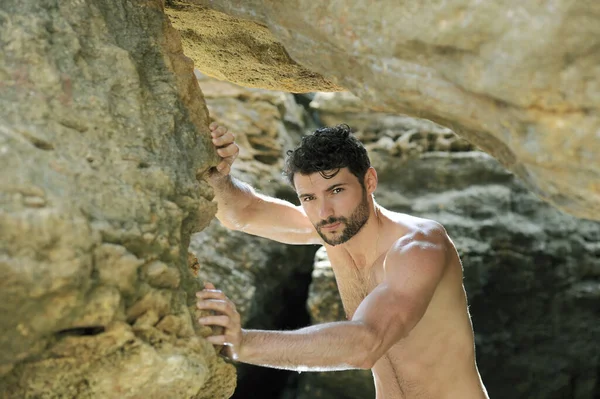 Young Stylish Man Standing Sea Cave Topless Outdoor Portrait — Stock Photo, Image
