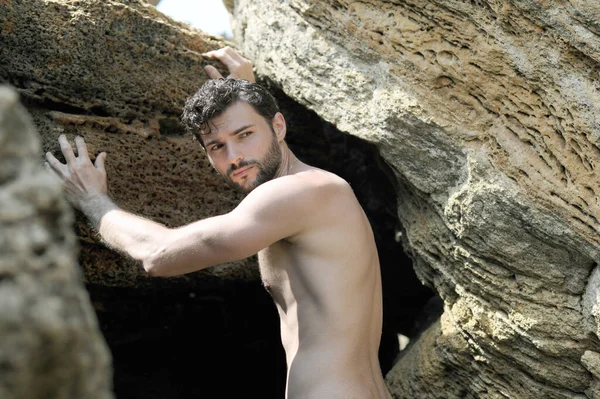 Young Stylish Man Standing Sea Cave Topless Portrait — Stock Photo, Image