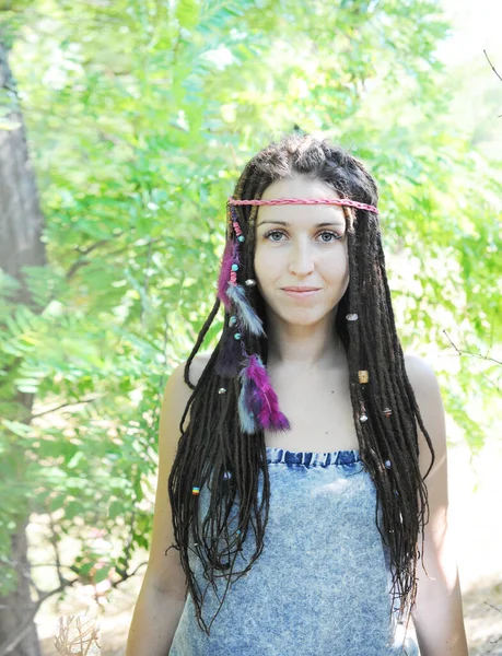 Happy Smiling Woman Portrait Dreadlocks Hairstyle Looking Camera Sunny Outdoor — 图库照片