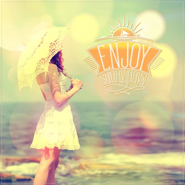 Quote Card Girl White Dress Lacy Umbrella Sea Beach Enjoy — Stok fotoğraf
