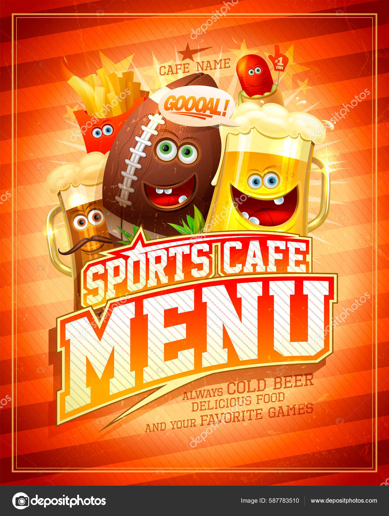 Sports Cafe Menu Cover Rugby Ball Funny Food Personages Vector Stock