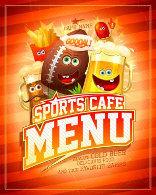 Ragbi topu ve komik yemek kişilikleriyle spor kafe menüsü kapağı, vektör modeli
