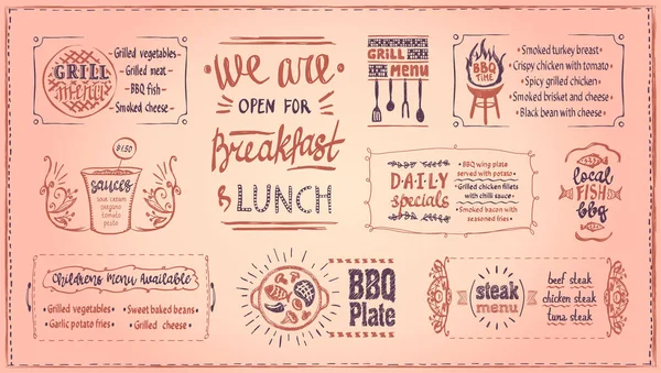 Barbecue Menu Template Menu Board Bbq Symbols Dishes Lettering Grill —  Vetores de Stock