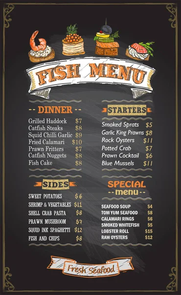 Vis Krijt Menu Bord Vector Mockup Met Diner Voorgerechten Zijkanten — Stockvector