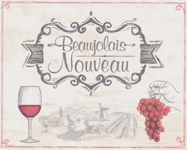 Beaujolais nouveau vector banner concept with old style emblem, glass of wine and hand holding ripe bunch of grape, vintage style vector illustration mockup