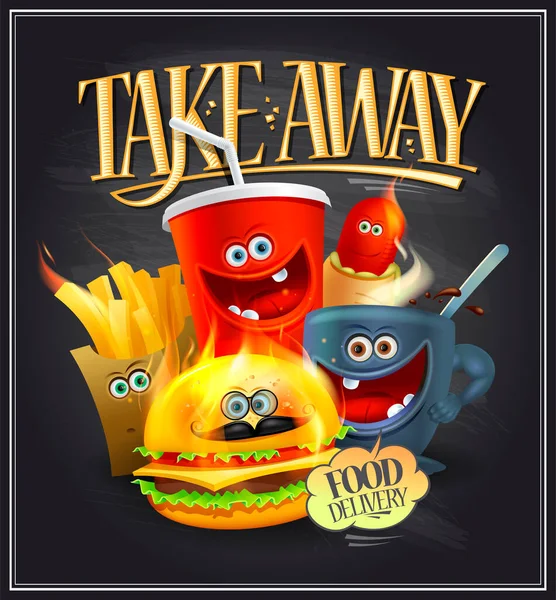 Take Away Food Vector Chalkboard Banner Template Funny Food Personages — Archivo Imágenes Vectoriales