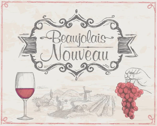 Beaujolais Nouveau Vector Banner Concept Old Style Emblem Glass Wine — Stock vektor