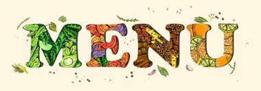 Vejetaryen menüsünde çeşitli sebzeler, meyveler ve fındıklar var. El çizimi grafik vektör çizimi, sağlıklı beslenme konsepti