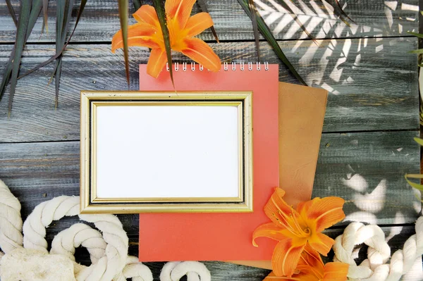 Empty Frame Mock Lily Flowers Outdoor Photo Palm Shadows — Photo