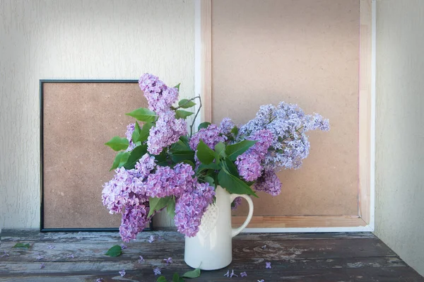 Two Empty Frames Template Lilac Flowers Bouquet Vase — Stock fotografie