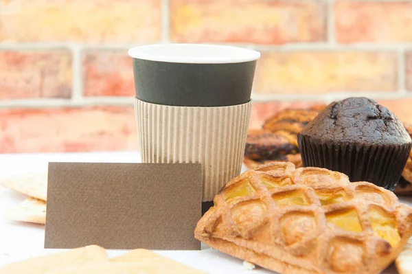 Business Card Template Paper Cup Assorted Pastries — Φωτογραφία Αρχείου