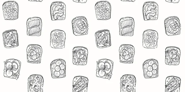 Seamless Pattern Assorted Sandwiches Vector Graphic Line Black White Illustration — Stock vektor