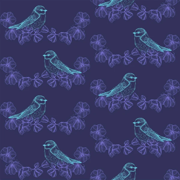 Seamless Pattern Sparrow Birds Sitting Blossom Tree Branches Hand Drawn — Vetor de Stock