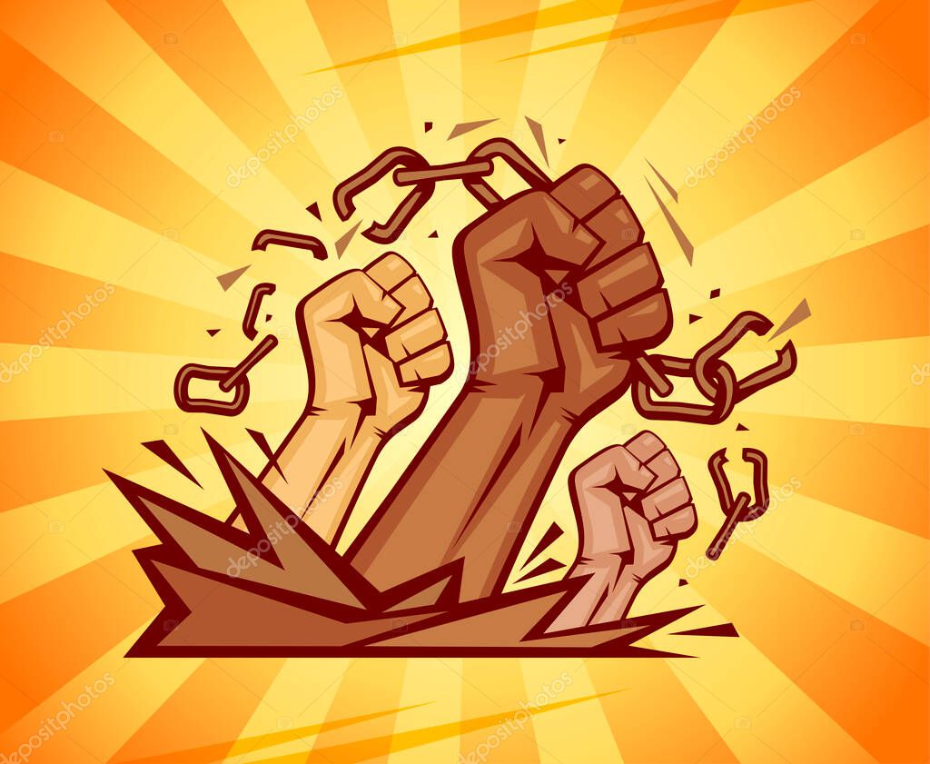 Multiracial hands broken the chain, sunny rays background, free people concept, vector illustration