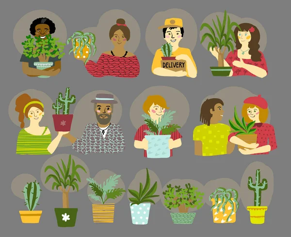 Group Multiethnic People Different Houseplants Flat Style Vector Illustration Set — Stockvektor