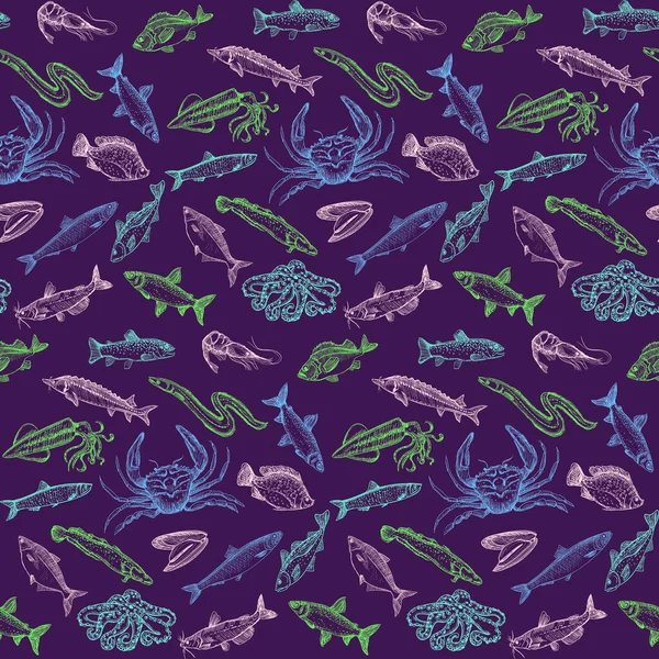 Marine Style Graphic Seamless Pattern Fish Crustaceans Vector Sketch Style — Stockvektor