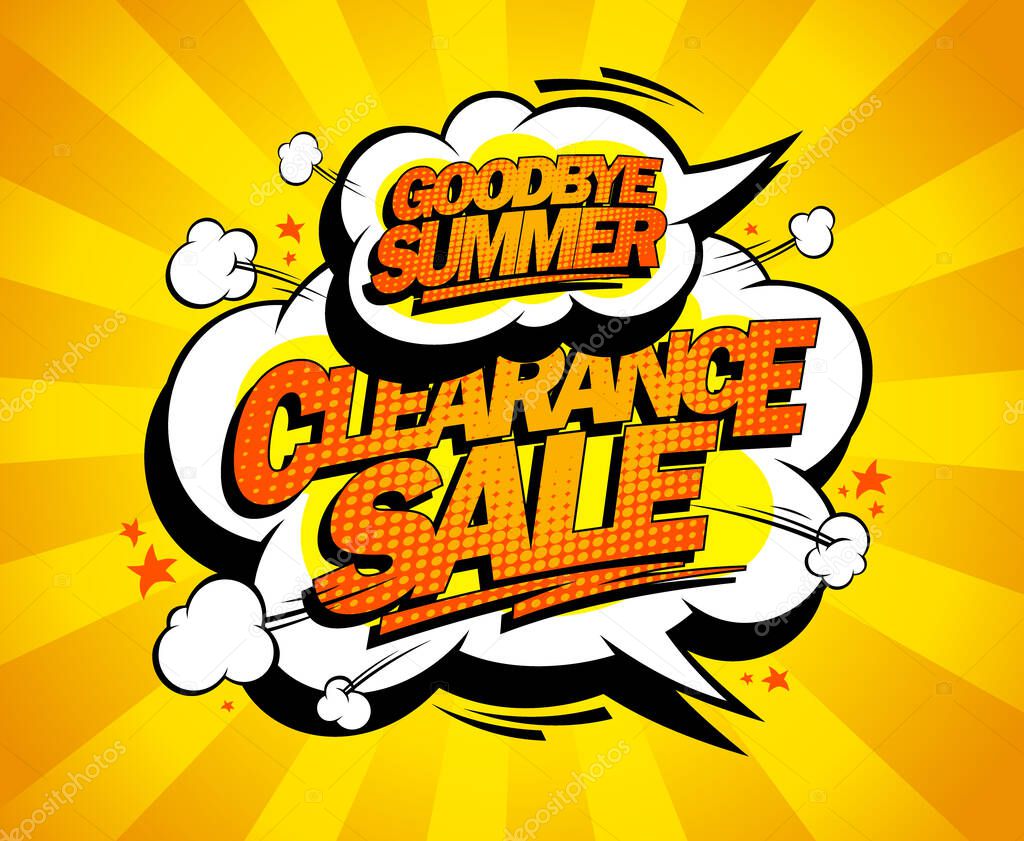 Good bye, summer sale vector poster, comic style web banner or flyer vector sale template