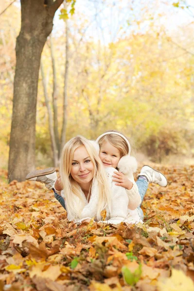 Happy Joyful Family Portrait Mother Daughter Have Rest Laying Autumn — Stok fotoğraf