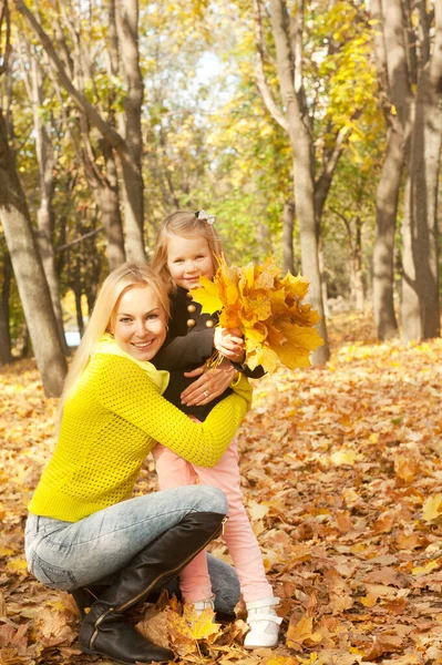 Happy Joyful Family Portrait Blonde Mother Daughter Autumn Forest Girl — Photo