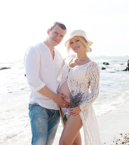 Happy Future Parents Couple Posing Ocean Husband Hugs Belly His — стоковое фото