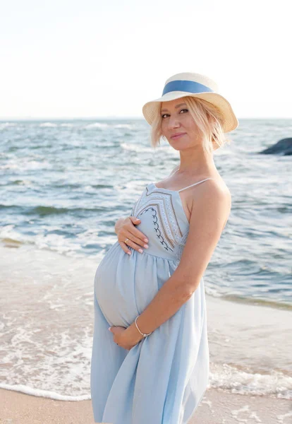 Happy Future Mother Hug Her Belly Calm Pregnant Woman Dressed — Foto de Stock