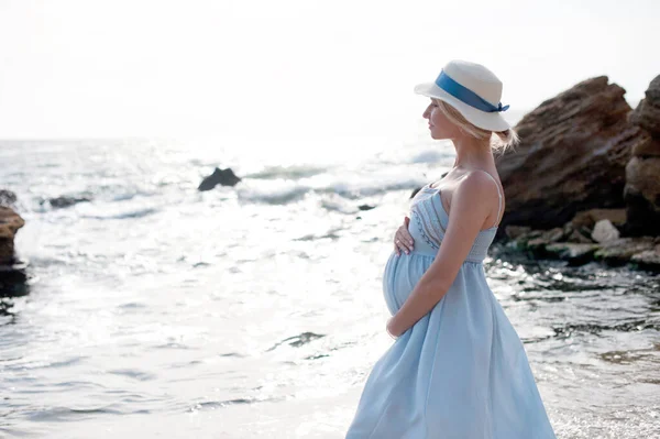 Happy Future Mother Standing Sea Calm Pregnant Woman Dressed Blue — Photo