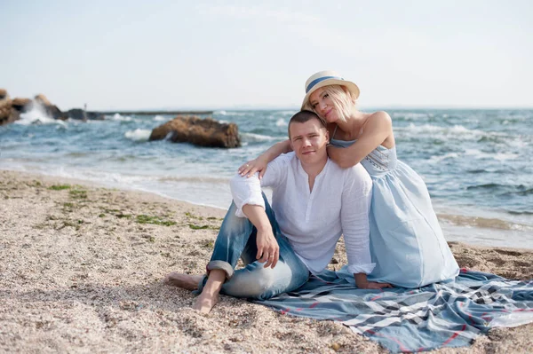 Happy Future Parents Couple Have Rest Sitting Sea Husband Hugs — Stockfoto