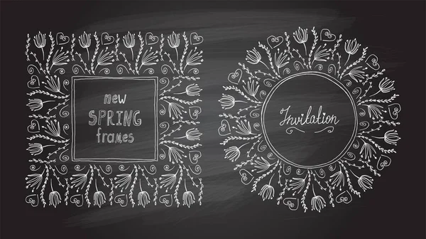 Floral Spring Style Frames Set Chalkboard Linear Chalk Graphic Vector — Vetor de Stock