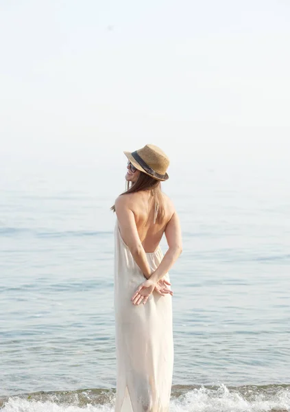 Youg Calm Dreaming Woman Standing Alone Sea Looking Water Back — Photo