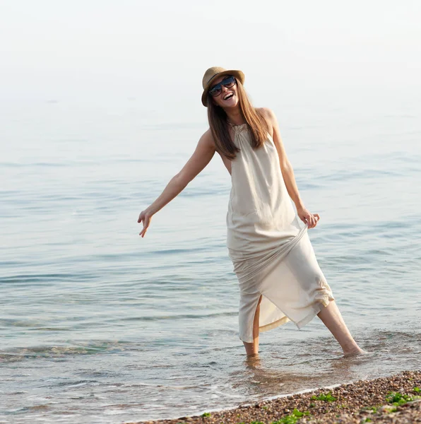 Funny Joyful Woman Spend Summer Holidays Ocean Outdoor Leisure — Zdjęcie stockowe