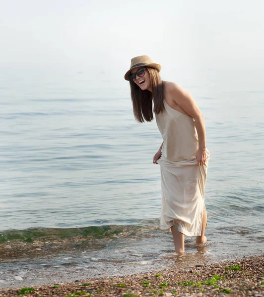 Cute Joyful Woman Spend Summer Holidays Sea Beach Outdoor — Photo