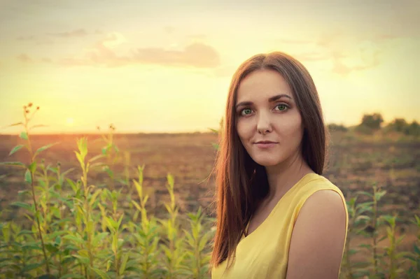 Beautiful Young Woman Portrait Sunset Evening Field Woman Looking Camera — ストック写真