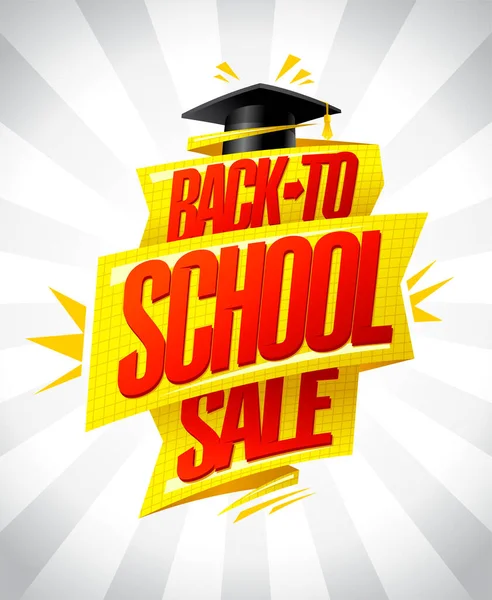 Back School Sale Vector Poster Design Graduation Cap Golden Ribbon — 스톡 벡터