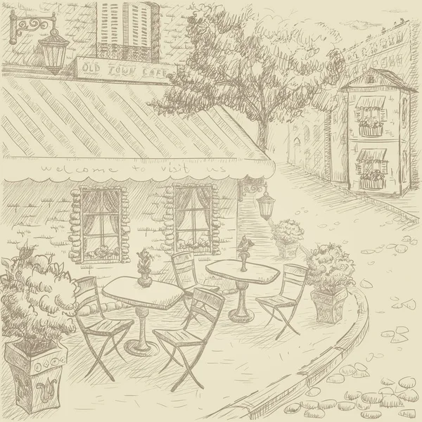 Street Cafe Sketch Graphic Vector Illustration Old Style — ストックベクタ