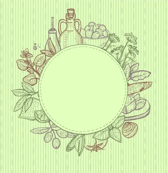 Ручная Графическая Карточка Традиционными Средиземноморскими Продуктами Питания Оливковым Маслом Овощами — стоковый вектор