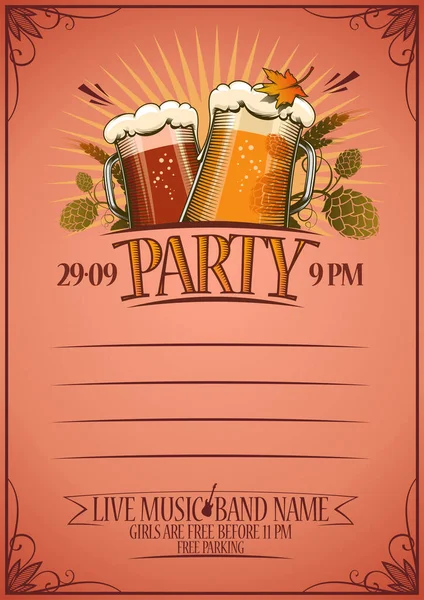 Party Menu List Invitation Flyer Vector Design Mockup Glasses Beer — Stockový vektor