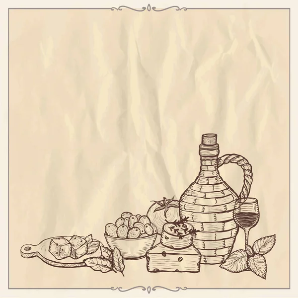 古老的格子与冥想的传统食物配料 葡萄酒 奶酪和香草 手绘图形矢量插图 复古纸上空白的文字空间 — 图库矢量图片