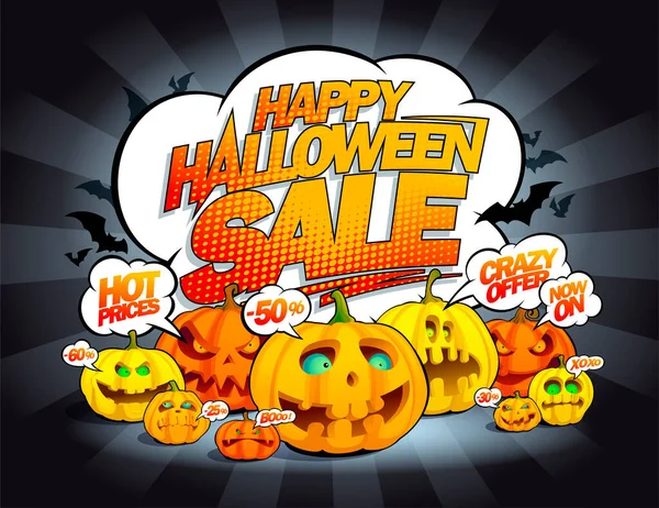 Happy Halloween Verkoop Vector Banner Met Pompoenen Menigte Spraakbellen Gekke — Stockvector