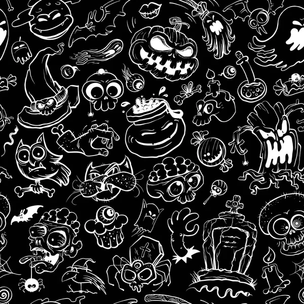 Halloween Seamless Pattern Hand Drawn Graphic Art Vector Black White — Image vectorielle