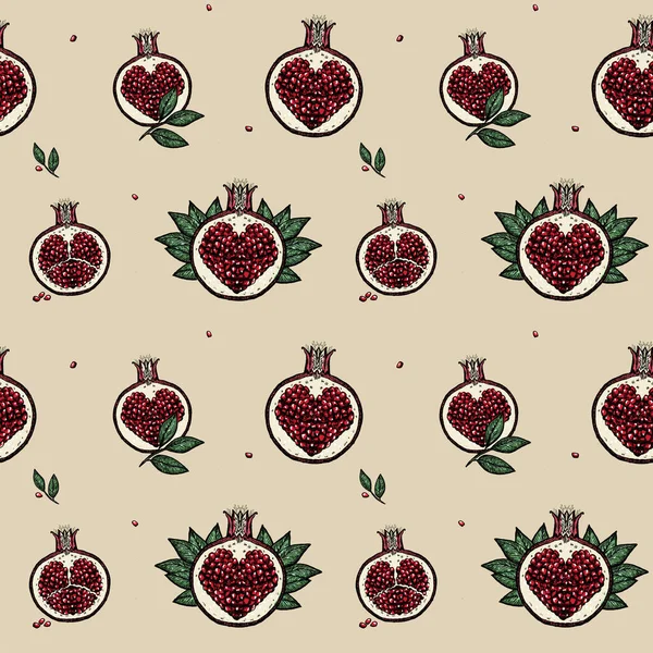 Pomegranates Seamless Vector Pattern Cute Hand Drawn Pomegranate Fruits Heart — Stok Vektör