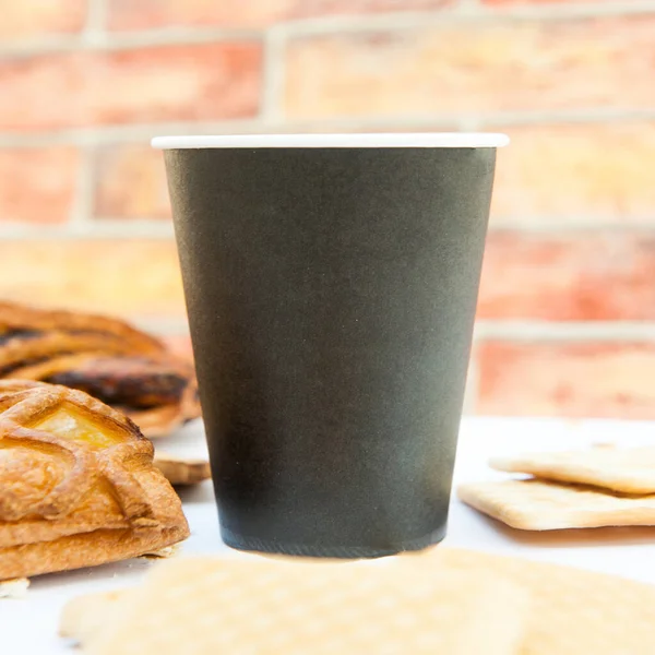 Paper Cup Empty Mockup Pastries City Cafe Brick Wall Backdrop — Stock Photo, Image