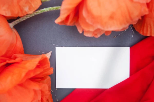 Red Poppies Gray Backdrop Empty White Business Card Mockup Horizontal — Stock fotografie