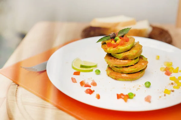 Vegetable Zucchini Pancakes Served Plate Outdoor Cafe — Stock Photo, Image