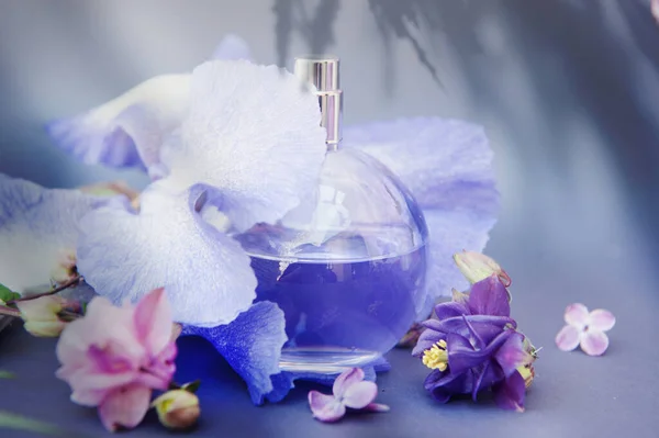 Violett Cirkel Parfymflaska Grå Bakgrund Med Blommor — Stockfoto