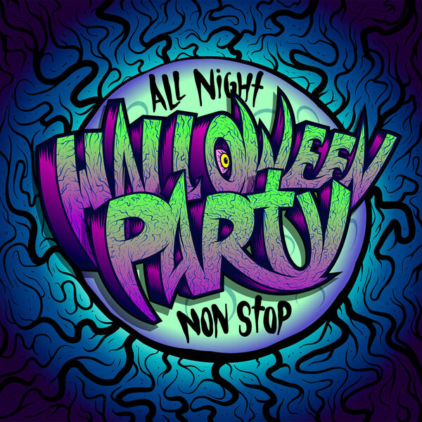 Halloween party graphic card, flyer or invitation vector design template with hand drawn lettering, graffiti style and moon on a backdrop