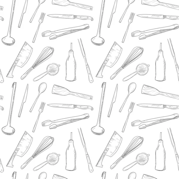 Kuchyňská Nádobí Grafické Bezešvé Černobílé Vzor Ručně Kreslené Nádobí Styl — Stockový vektor