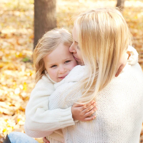 Happy Family Blonde Mother Daughter Hugs Autumn Forest — Stok fotoğraf