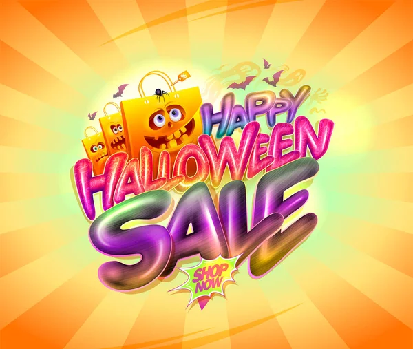 Glückliche Halloween Verkauf Web Banner Vektor Vorlage Mit Lustigen Shopper — Stockvektor