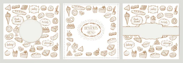 Desserts Baked Goods Cards Menus Set Templates Doodle Style Vector — Stock Vector