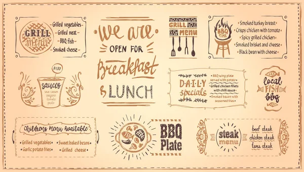 烧烤菜单模板 带有烧烤符号和菜式字母的矢量菜单板 咖啡店或餐馆的烧烤菜单显示屏 — 图库矢量图片
